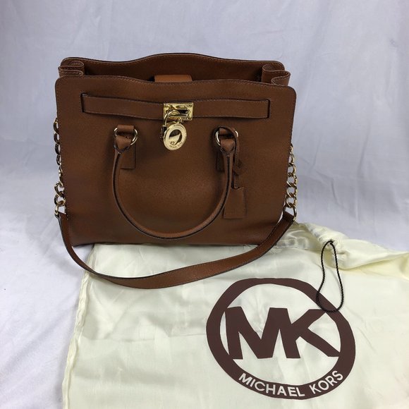 Michael Kors Hamilton Lock Tan Leather Chain Chic Minimalist Shoulder Bag - Picture 2 of 16